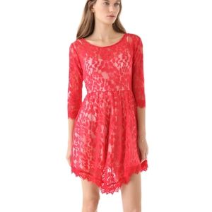 Free People floral mesh lace mini dress slip dress half sleeve hot red 0